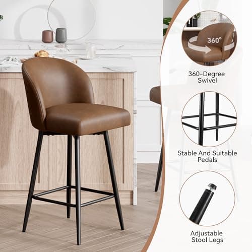 26" High Back Swivel Bar Stools, Set of 2, Yellow Brown, Kitchen Island, Dining Room