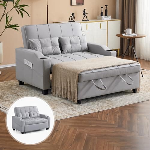 VINGLI Beige Faux Leather Pullout Sofa Bed with USB Ports
