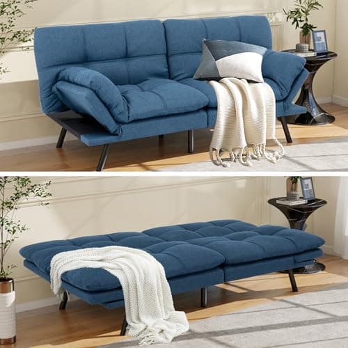 MUUEGM Blue Convertible Memory Foam Sofa Bed with Adjustable Backrest for Living Room