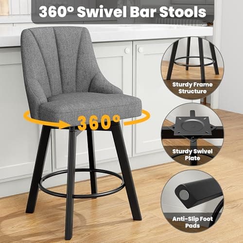 Dark Gray Fabric Upholstered Counter Height Bar Stools with Back, Set of 2