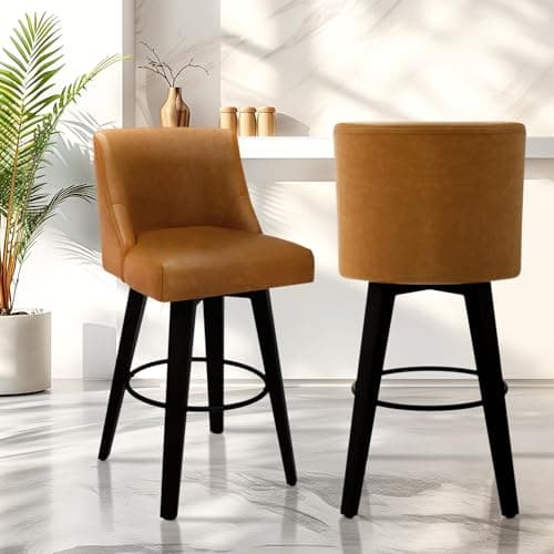 Swivel Counter Height Bar Stools Set of 2 with Back, 30 Inch Height, Solid Wood Stand, Faux Leather Upholstery, Thick Cushion Back - Whisky