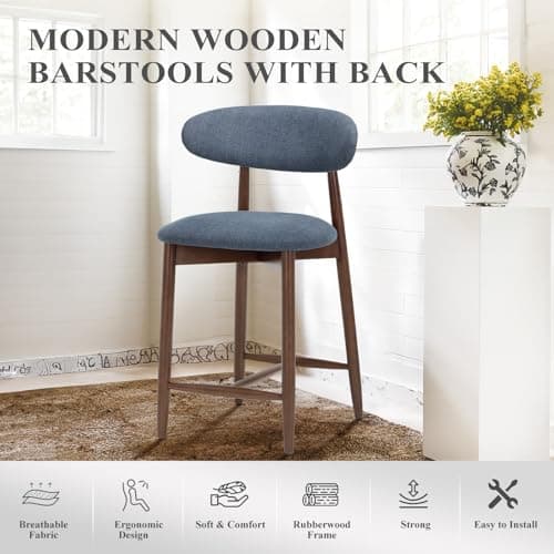 COLAMY Mid Century Modern Blue Wooden Bar Stools, Counter Height, 25" Padded Seat, 250 Lbs Weight Limit