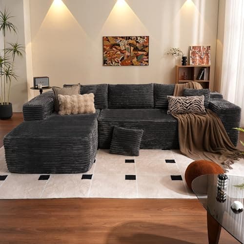 Ovios 104" Cloud Sectional with L-Shape Chaise, Plush Grey Corduroy Sofa