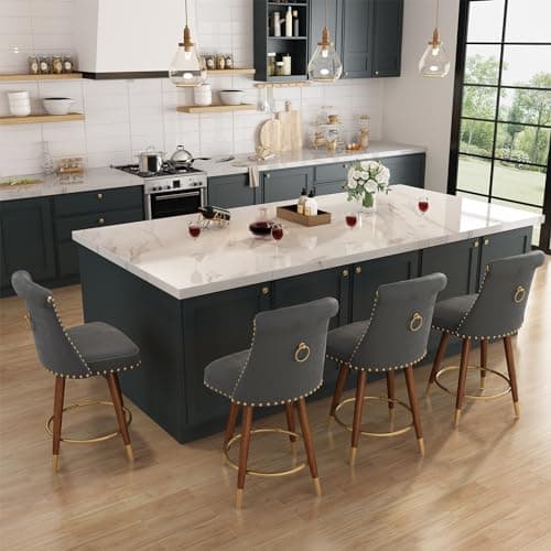 4-Piece 360° Swivel Bar Stool Set, Velvet Upholstered with Back and Footrest, Beige Fabric, Counter Height 24" Seat