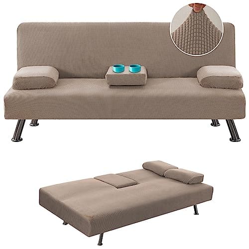 Stretch Futon Sofa Bed Slipcover with Removable Armrests and Cupholders - Grey