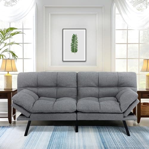 MUUEGM 71" Memory Foam Futon Sofa Bed, Adjustible Backrest, Light Grey Fabric