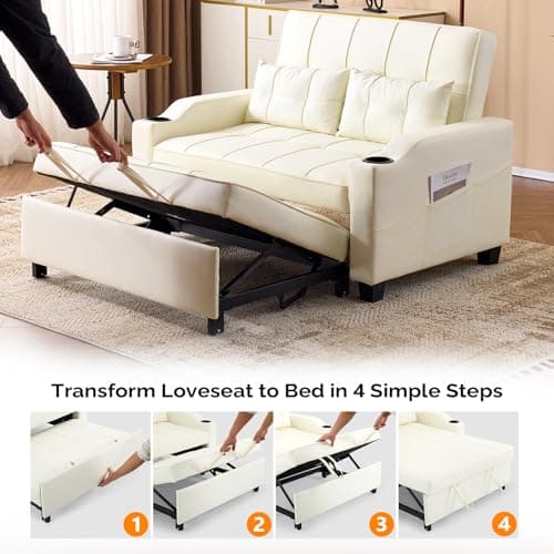 VINGLI Beige Faux Leather Pullout Sofa Bed with USB Ports
