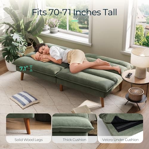 LINSY Green Corduroy Adjustable Futon Sofa Bed for Small Spaces