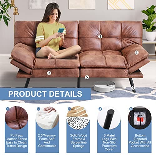 MUUEGM Futon Sofa Bed Couch Memory Foam Sleeper Daybed, Brown