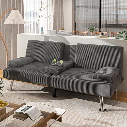 Shahoo Dark Grey Linen Convertible Futon Sofa Bed with Removable Arms
