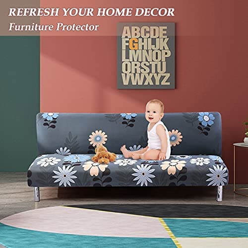 Armless Futon Slipcovers Stretch Sofa Bed Cover with Elastic Bottom, Printed Fitted Couch Cover for Pets, Kids