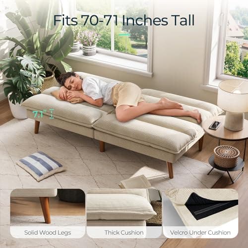 LINSY 71 Inch Beige Adjustable Backrest Futon Sofa Bed