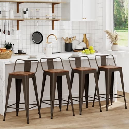 WENTMENT Black Metal Bar Stools Set of 4 Counter Height Kitchen Bar Stools with Wooden Seat