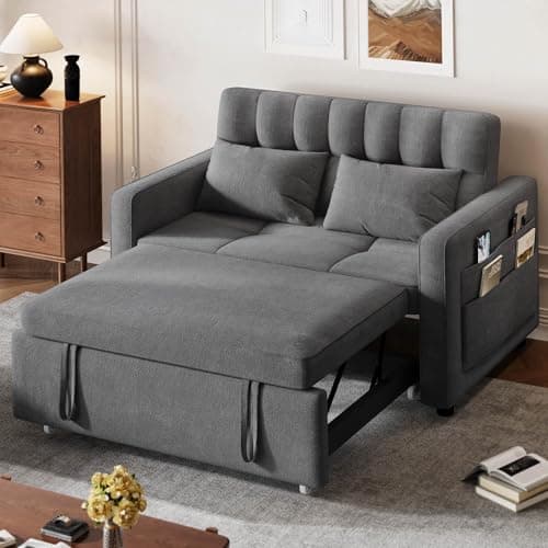 3-in-1 Cat-Scratch-Proof Grey Sofa Bed, 55" Living Room Loveseat with Pull-Out Bed and Adjust Backrest