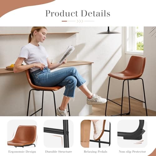 DUMOS 26 Inch Bar Stools, Elegant Brown, Modern Faux Leather with Back