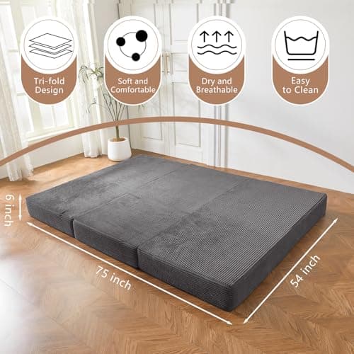 BYBYME 6 Inch Gel Tri-Fold Corduroy Mattress Topper, Washable Cover (Carbon Gray, Full)