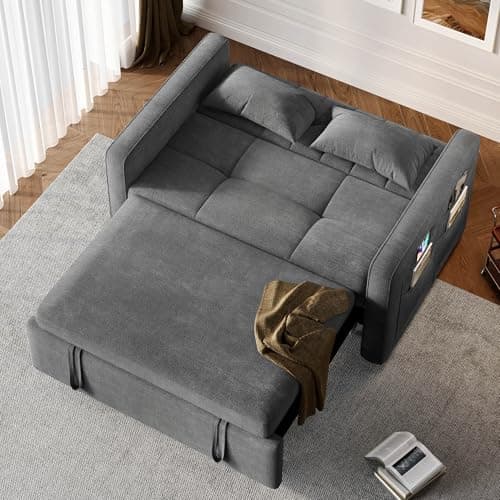 3-in-1 Cat-Scratch-Proof Grey Sofa Bed, 55" Living Room Loveseat with Pull-Out Bed and Adjust Backrest