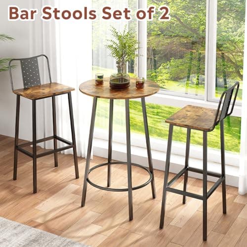 GILLAS Rustic Brown Bar Stools with Backrest and Footrest, Industrial Style