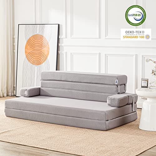 Dark Grey Foldable Mattress Couch with Headrest, 4 Inch Foam, Portable Queen, Camping & Road Trips
