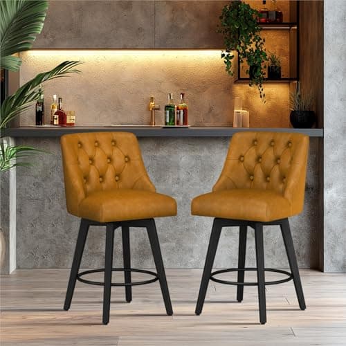 Set of 2 Swivel Bar Stools with Back, 26In Height, Solid Wood Stand, Faux Leather Upholstered, Thicken Cushion Back, Night Black - for MUUEGM Counter Height Audience