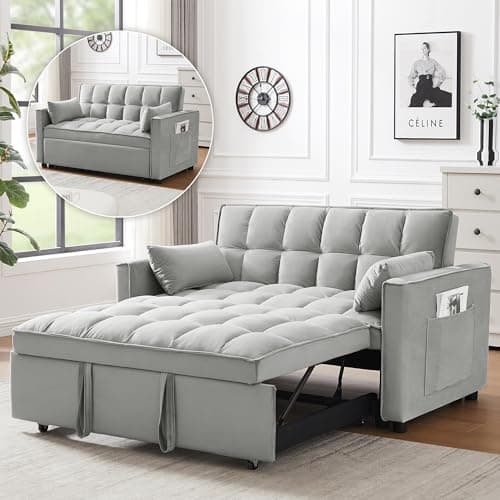 3-in-1 Grey Convertible Sleeper Sofa Bed with Side Pocket & Adjustable Backrest