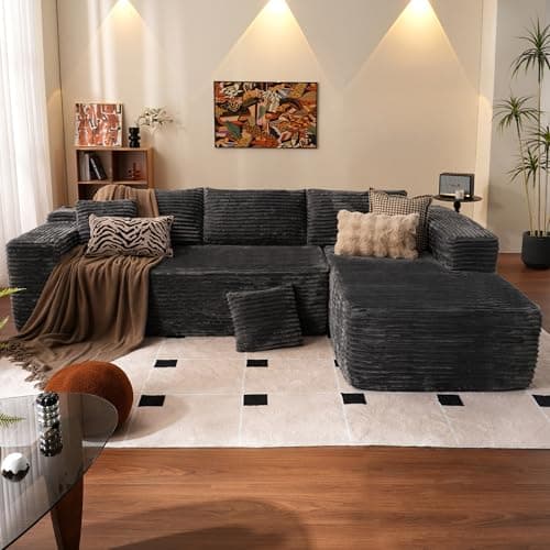 Ovios 104" Cloud Sectional with L-Shape Chaise, Plush Grey Corduroy Sofa