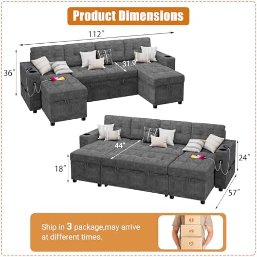 GAOMON Dark Gray 112" U-Shaped Sleeper Sofa with Storage Chaise & Charging Ports