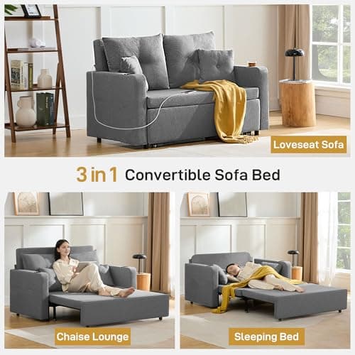 3 in 1 Full Size Loveseat Sleeper Sofa with Storage, USB, Grey
