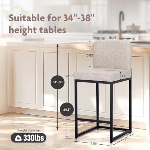 ALPHA HOME Light Gray 24" Counter Height Bar Stool Set of 3 Pu Leather Backrest Footrest Steel Frame