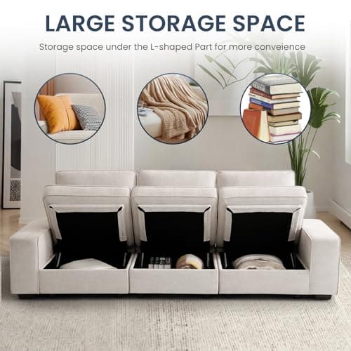 TEKAMON Comfy 3-Seater Chenille Storage Sofa W/Deep Seat, Wide Arms, USB & Removable Cover