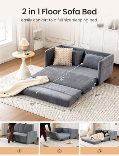 2 in 1 Chenille Loveseat Futon Couch, Full Size Pull Out Bed in a Box