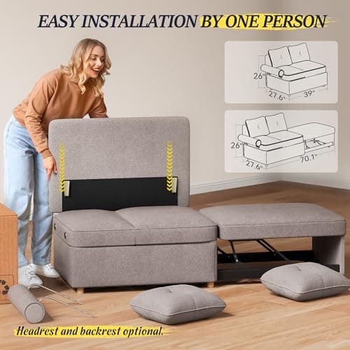 4-in-1 Convertible Couch: Linen Fabric Sleeper Sofa Bed with 2 Pillows & 5 Angle Adjustments