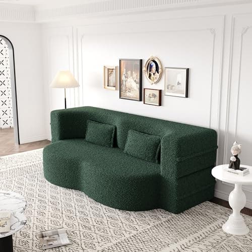78" Queen Sleeper Sofa Bed, Modern Grey Teddy Fabric, Gray Folding Mattress, Living Room Couch