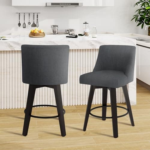 MUUEGM Set of 2 360° Swivel Bar Stools, 26 Height, Dark Grey Fabric Upholstered