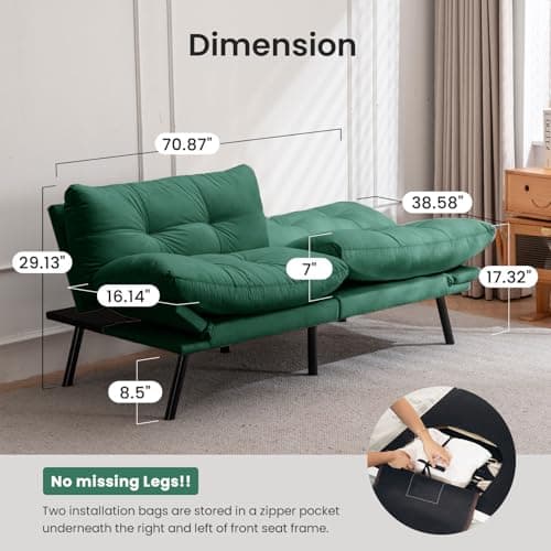 71" Comfortable Convertible Futon Sofa Bed, Velvet Cushion, Twin Size