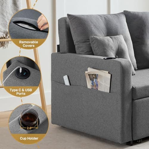 3 in 1 Full Size Loveseat Sleeper Sofa with Storage, USB, Grey