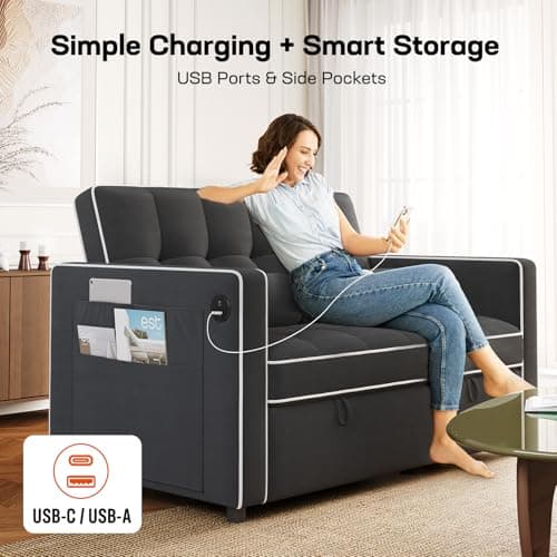 Amada 3-in-1 Convertible Couch Bed, Futon Loveseat with USB & Side Pocket, Black