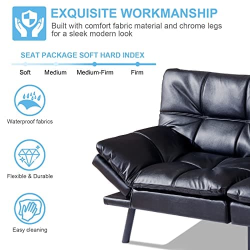 Modern Convertible Memory Foam Sleeper Sofa Bed with Adjustable Armrest Backrest, Faux Leather - Black, 71''x33''x31.5''