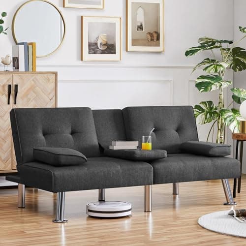 Yaheetech Dark Gray Reversible Couch Bed with Removable Armrests & Cup Holders