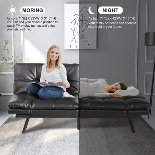 Black Memory Foam Futon Sofa Bed for Small Space Apartment Office, Adjustable Backrest and Armrest - 71 Love Seat