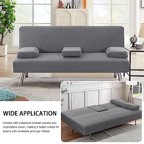 Stretch Futon Sofa Bed Slipcover with Removable Armrests and Cupholders - Grey