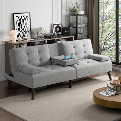 JAMFLY Dark Grey Velvet Futon Couch Bed with Cup Holder