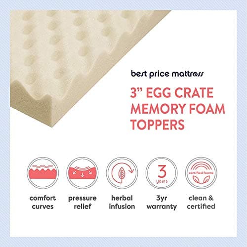 Copper Infused 3 Inch Egg Crate Memory Foam Mattress Topper, King, CertiPUR-US Certified, Best Price Beige