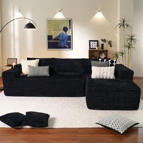 Ovios 104" Cloud Sectional with L-Shape Chaise, Plush Grey Corduroy Sofa