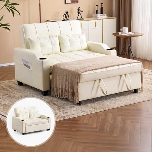 VINGLI Beige Faux Leather Pullout Sofa Bed with USB Ports