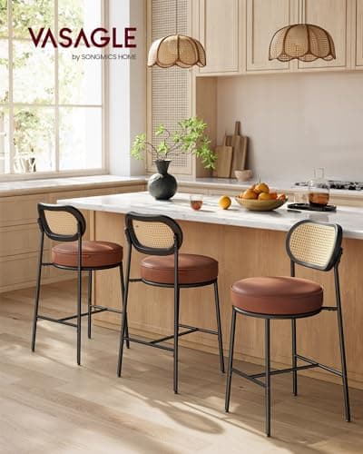 Counter Height Bar Stools Set of 2 with Rattan Back and Leather Upholstery