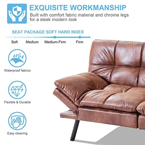 Memory Foam Sofa Bed with Removable Armrests, Brown Leather Futon for Compact Living Spaces