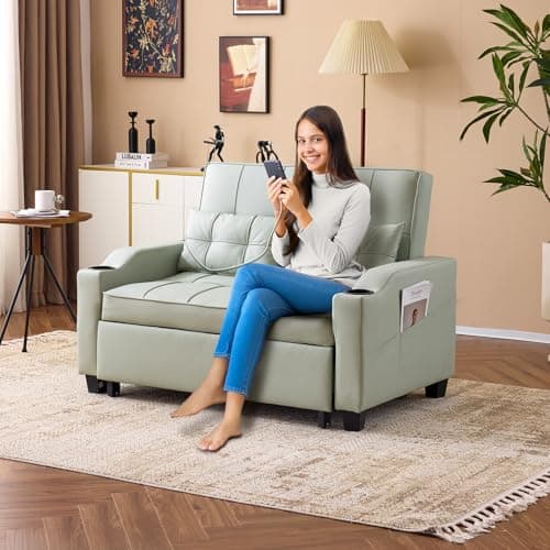 VINGLI Light Green Futon Loveseat with USB Ports & Cup Holders