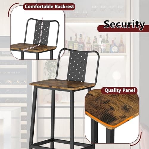 GILLAS Rustic Brown Bar Stools with Backrest and Footrest, Industrial Style