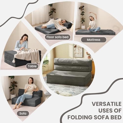 Grey Full Size Folding Sofa Bed, Convertible Sleep Chair Living Room Bedroom